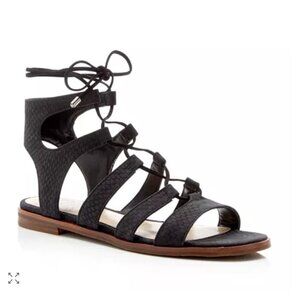 Vince Camuto | Tany Gladiator Sandals Snake Embossed Lace-Up Black Leather Flats